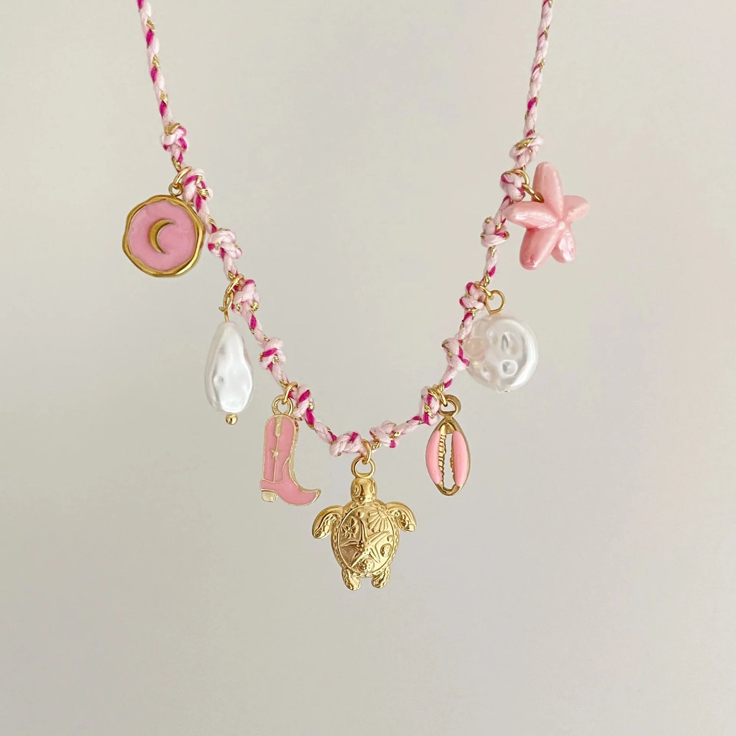Stainless Steel Handmade Diy Knotting Rope Chain Starfish Turtle Pendant Necklace Gold-Plated Color Preservation Beach Style