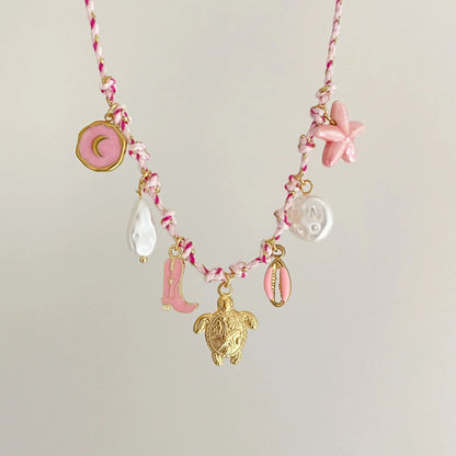 Stainless Steel Handmade Diy Knotting Rope Chain Starfish Turtle Pendant Necklace Gold-Plated Color Preservation Beach Style