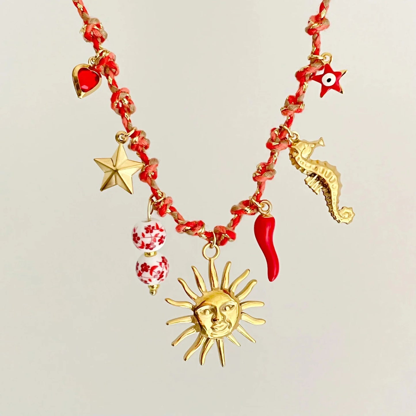 Stainless Steel Handmade Diy Knotting Rope Chain Starfish Turtle Pendant Necklace Gold-Plated Color Preservation Beach Style