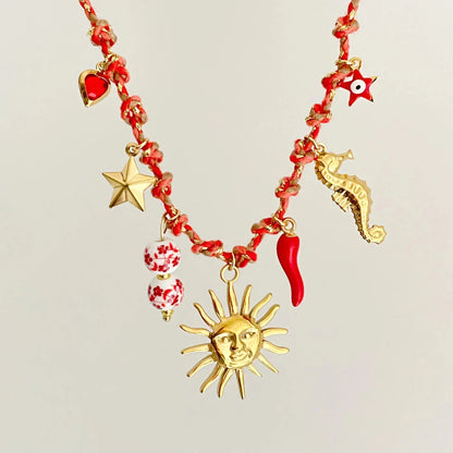 Stainless Steel Handmade Diy Knotting Rope Chain Starfish Turtle Pendant Necklace Gold-Plated Color Preservation Beach Style
