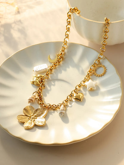 Star Butterfly Moon Flower Shell Pearl Pendant Necklace Stainless Steel Waterproof Fashion Women Jewelry Gold Ornaments Gift