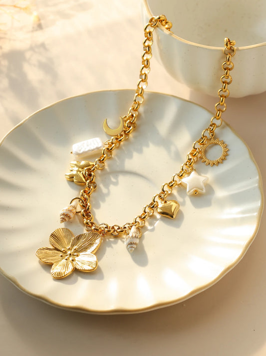 Star Butterfly Moon Flower Shell Pearl Pendant Necklace Stainless Steel Waterproof Fashion Women Jewelry Gold Ornaments Gift