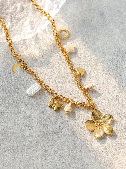 Star Butterfly Moon Flower Shell Pearl Pendant Necklace Stainless Steel Waterproof Fashion Women Jewelry Gold Ornaments Gift