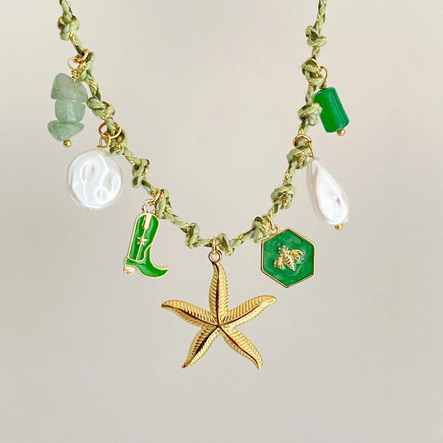 Stainless Steel Handmade Diy Knotting Rope Chain Starfish Turtle Pendant Necklace Gold-Plated Color Preservation Beach Style