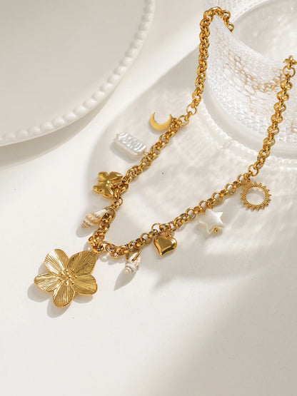 Star Butterfly Moon Flower Shell Pearl Pendant Necklace Stainless Steel Waterproof Fashion Women Jewelry Gold Ornaments Gift